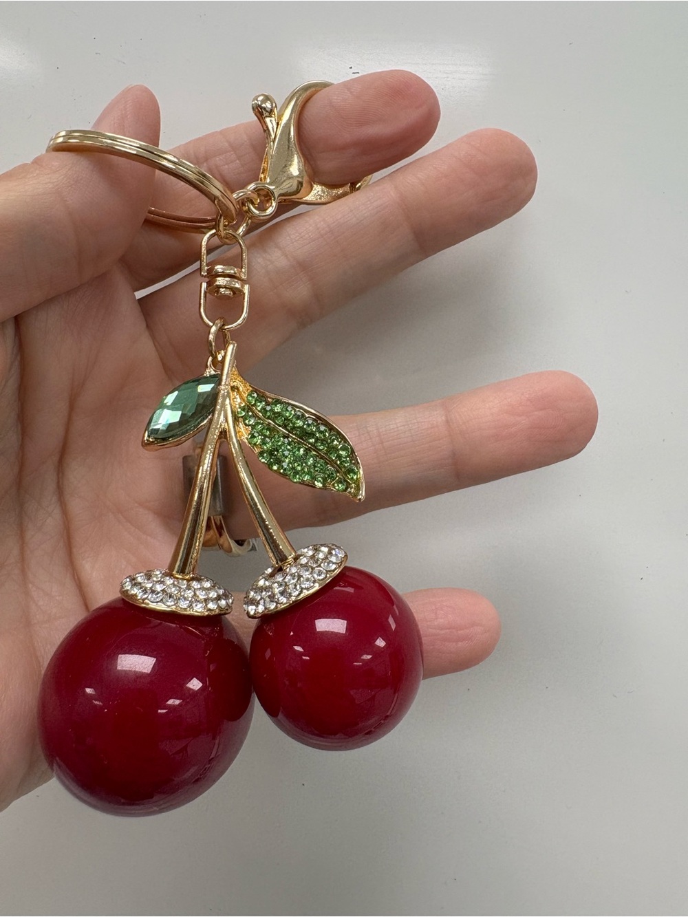 Bling Crystal Red Cherry Purse Charm & Gold Keyring Accessory